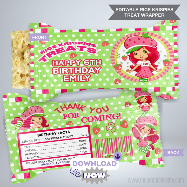 Editable Strawberry Shortcake Rice Krispies Treat Wrapper