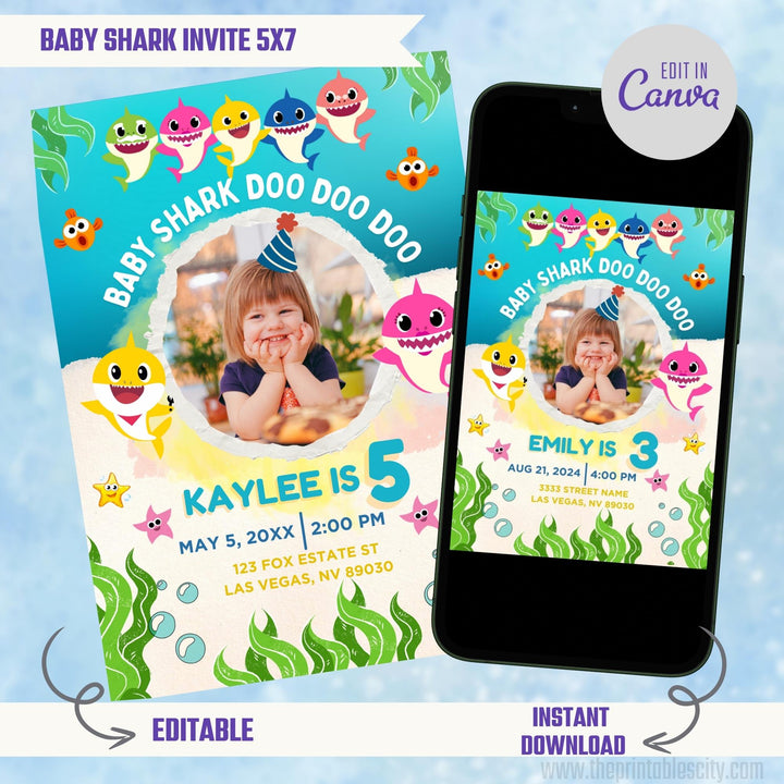 Baby Shark Birthday Invitation Template - Editable