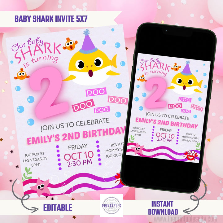 Pink Baby Shark Birthday Invitation - Editable Template