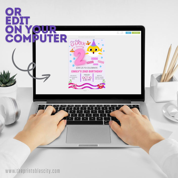 Pink Baby Shark Birthday Invitation - Editable Template
