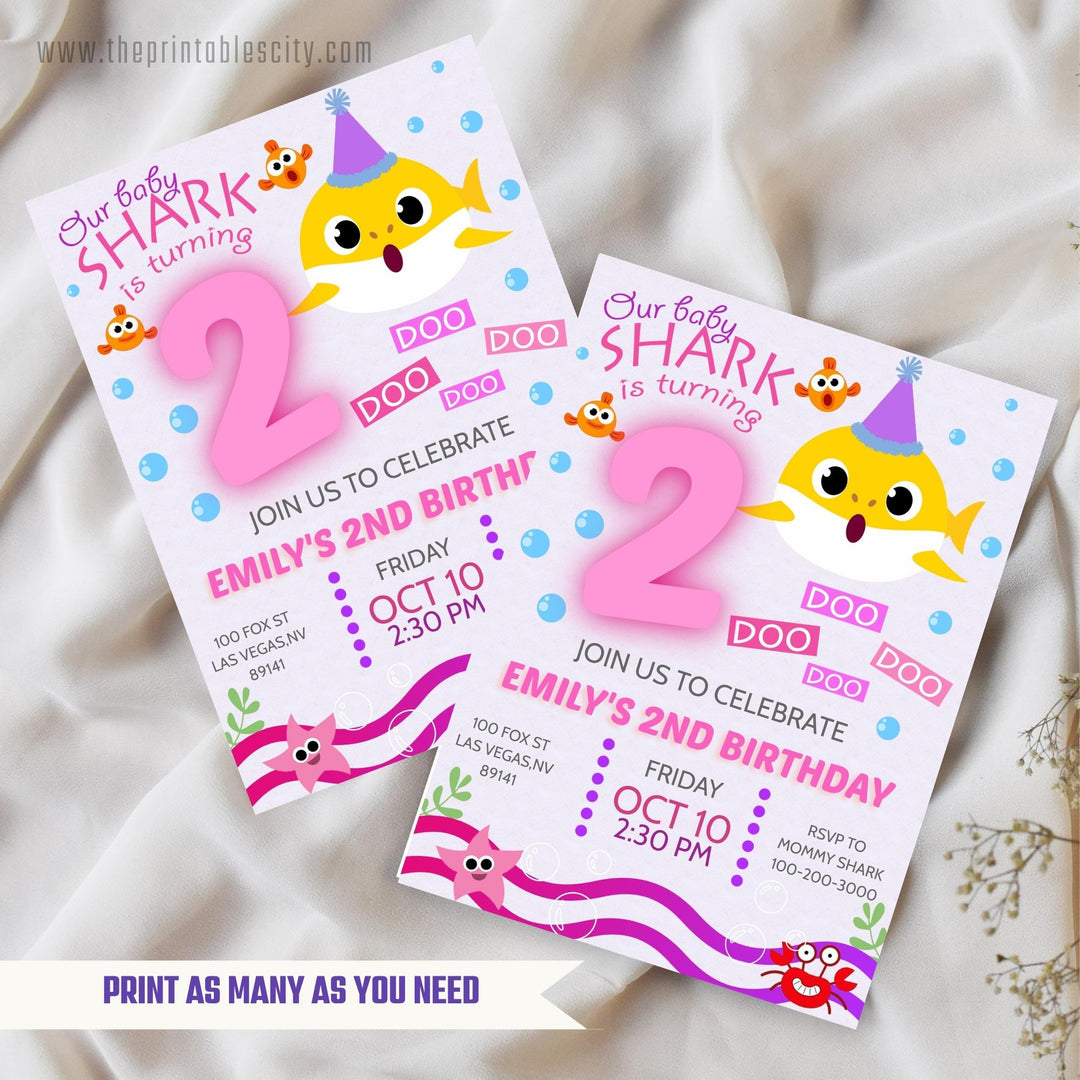 Pink Baby Shark Birthday Invitation - Editable Template