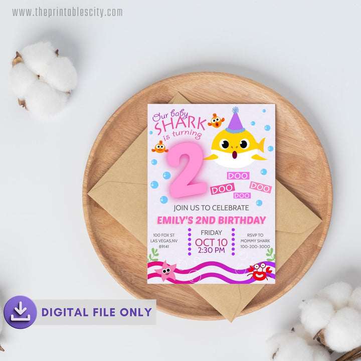 Pink Baby Shark Birthday Invitation - Editable Template