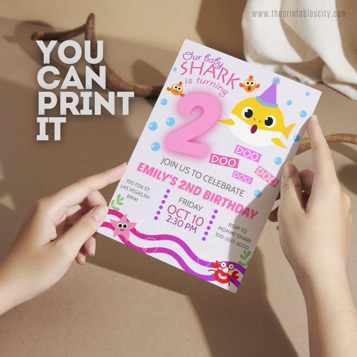 Pink Baby Shark Birthday Invitation - Editable Template