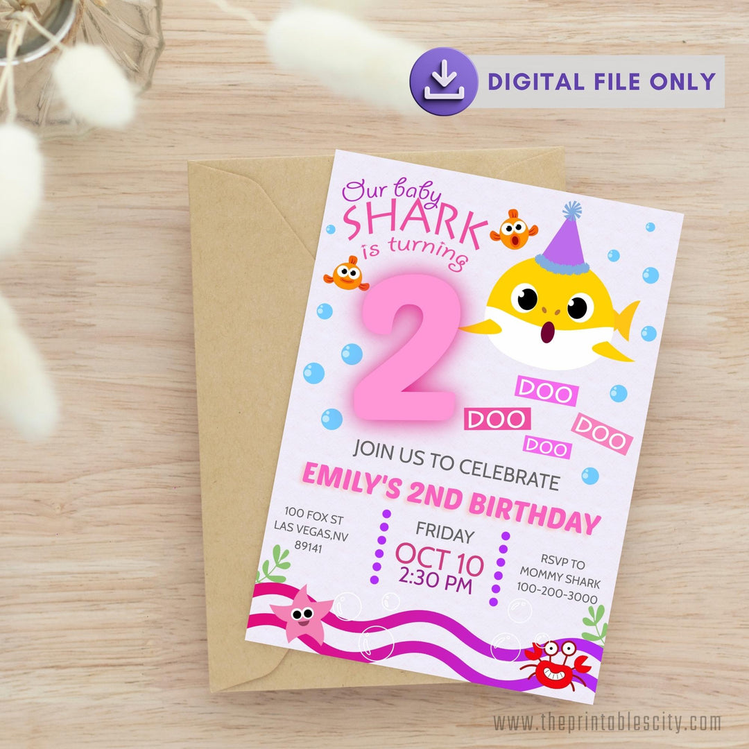 Pink Baby Shark Birthday Invitation - Editable Template