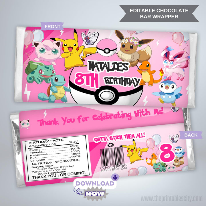 Pokemon Chocolate Bar Wrapper - Editable Party Favor