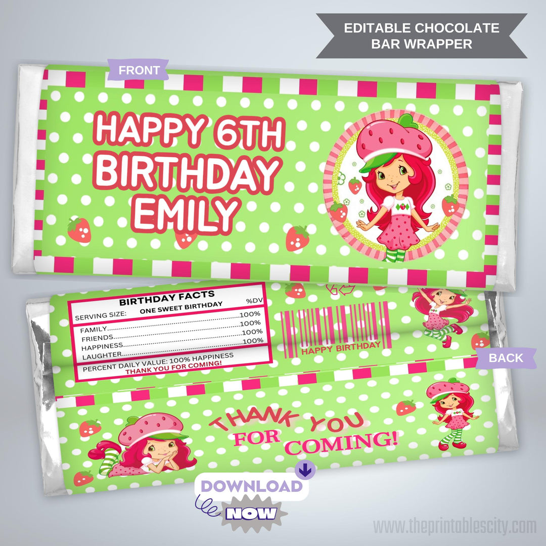 Editable Strawberry Shortcake Chocolate Bar Wrapper