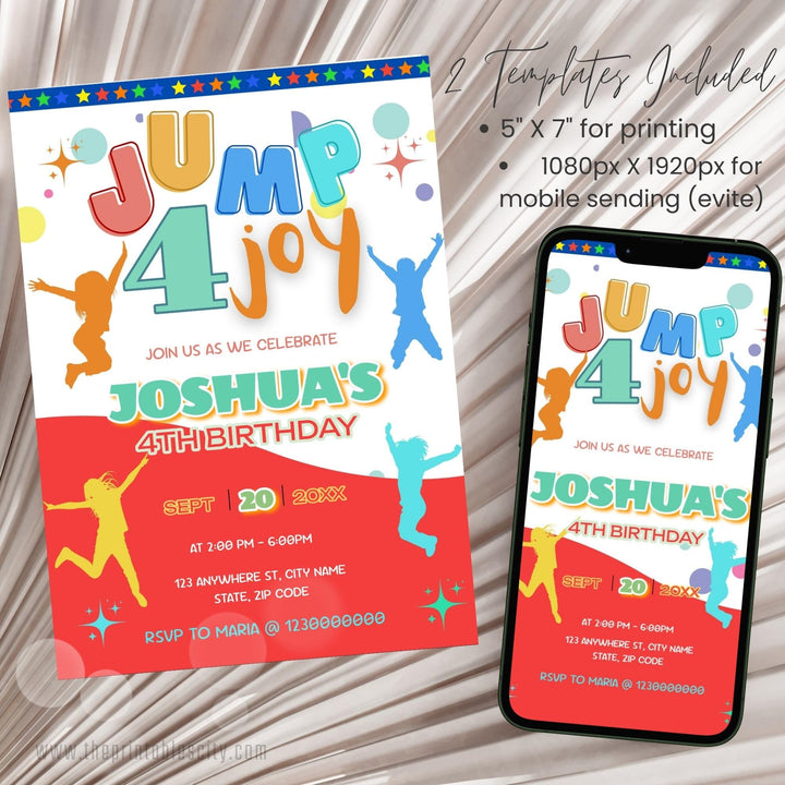 Trampoline Party Jump Four Joy Editable Invitation