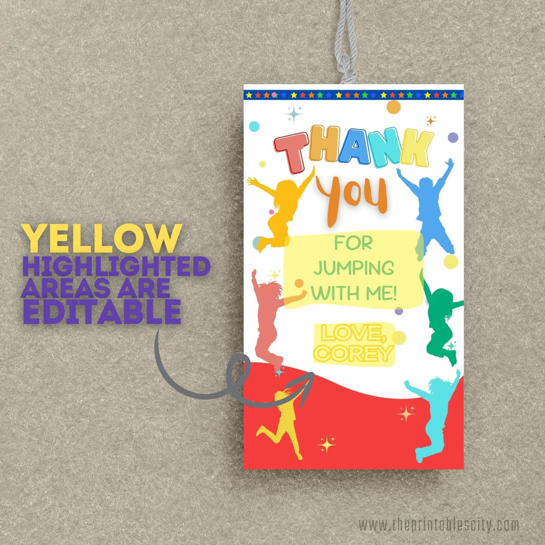 Trampoline Birthday Jump Four Joy Editable Thank You Tag