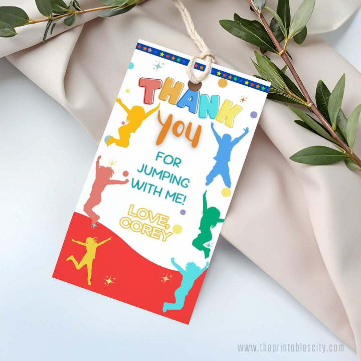 Trampoline Birthday Jump Four Joy Editable Thank You Tag