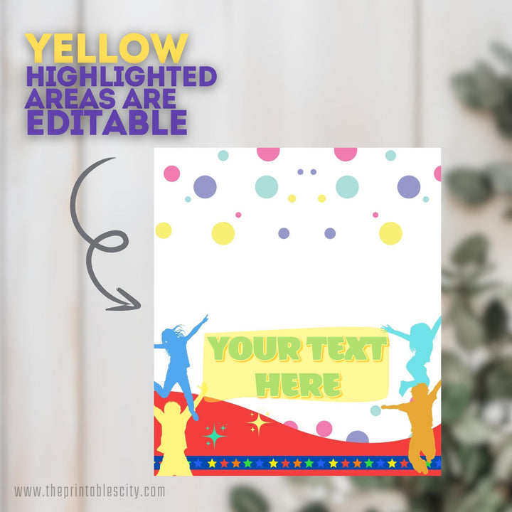 Jump Trampoline Park Birthday Food Tent Label
